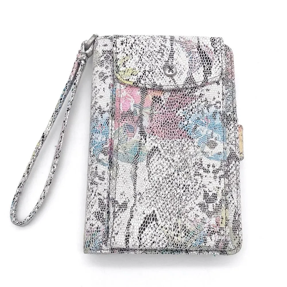 NWT Hobo Act Wristlet Wallet in Lizard Floral Leather White Pink Gray Blue NEW